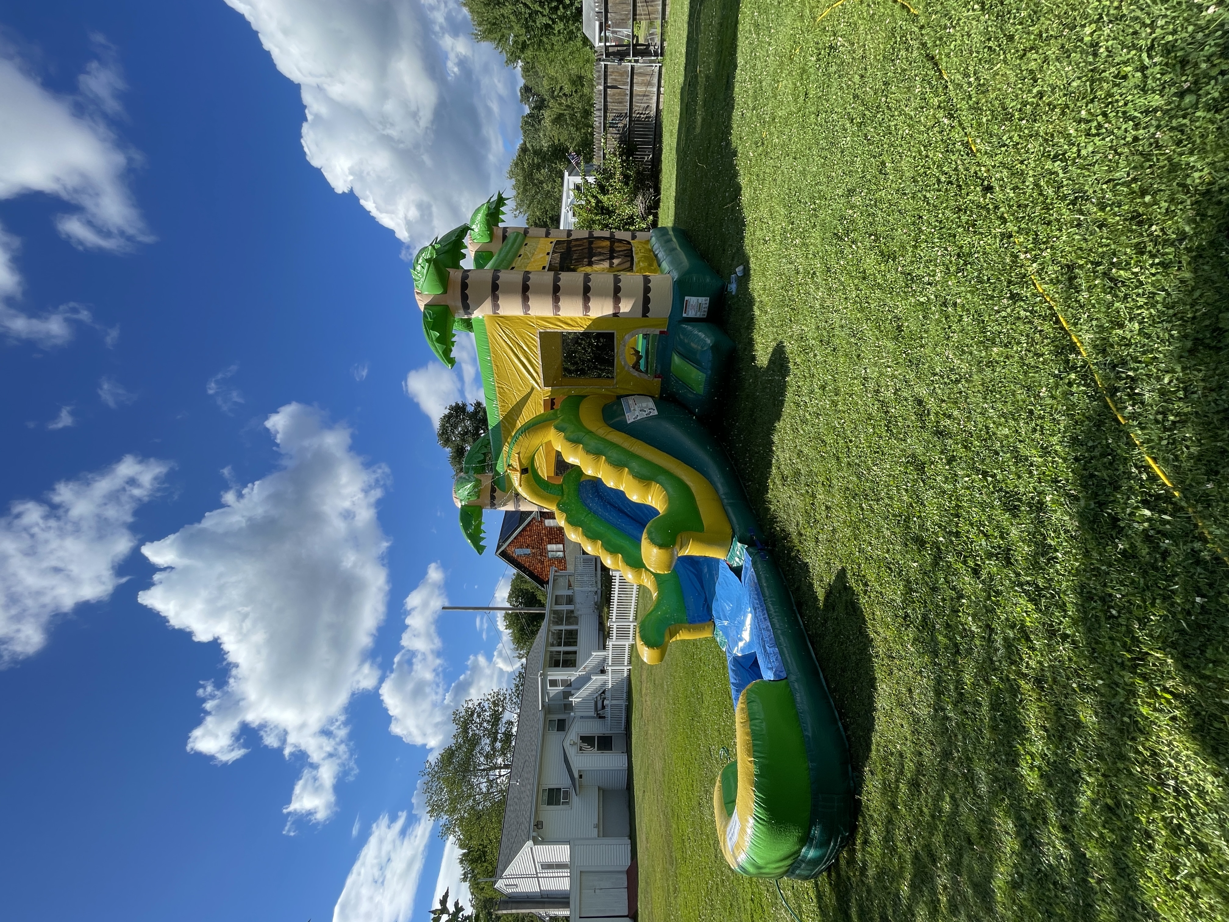 Jungle Combo Bouncy Castle setup in backyard