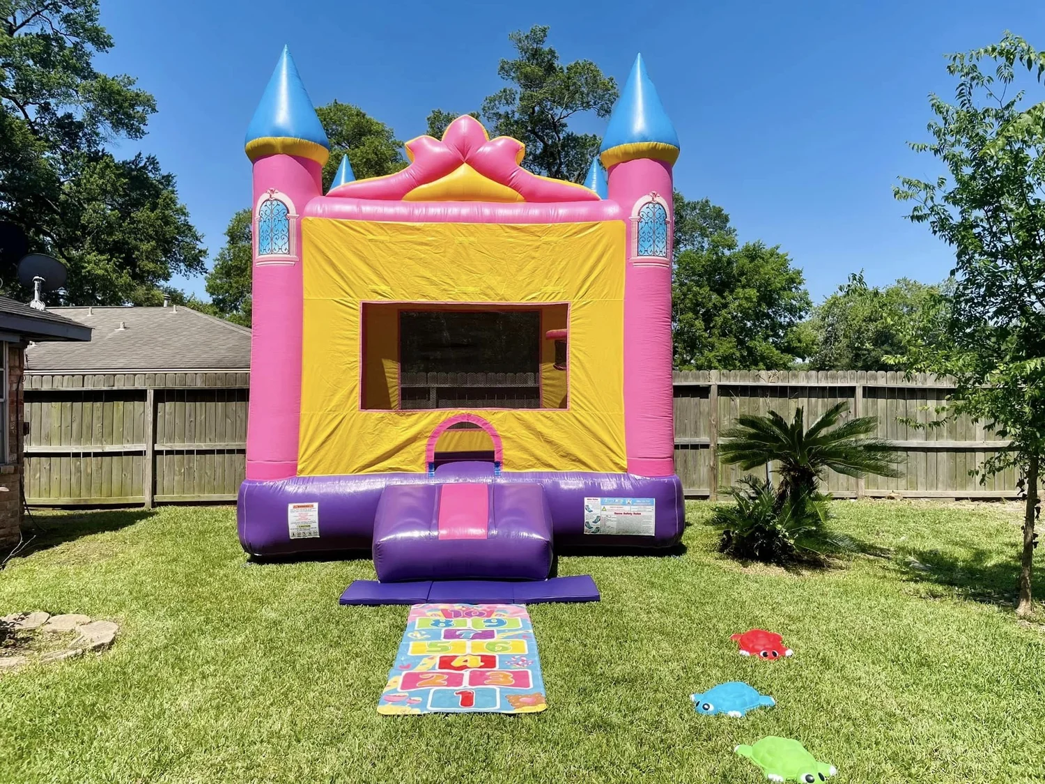 Princess Bouncy Castle set up in backyard